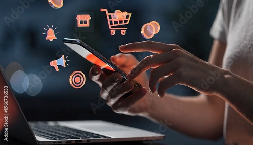 Hands using a smartphone with glowing orange holographic e-commerce icons, shopping cart, and storefront. Futuristic online shopping and digital marketing concept with dark bokeh background.