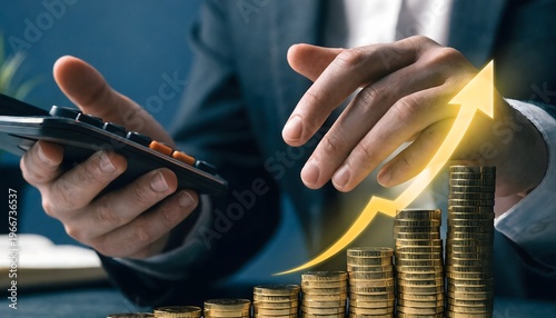 Business person in a dark suit using a calculator and gesturing towards ascending stacks of gold coins with a glowing upward arrow and bar graph overlay. Concept of financial growth and success.
