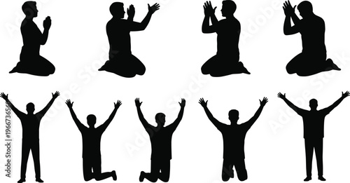 Silhouette of man praying kneeling and raising hands in worship, spiritual devotion faith concept isolated on white background collection set