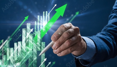 Close-up of a businessman's hand using a stylus pen on a glowing 3D financial graph. Ascending green bars and a large upward arrow indicate significant growth against a dark blue bokeh background.