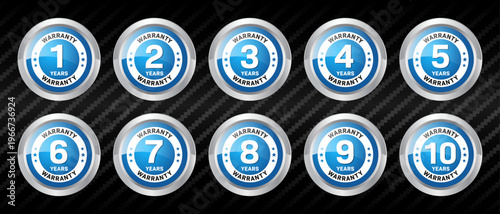 Warranty badges set, 1 to 10 years guarantee labels, Blue premium quality seals, Product assurance service logos, Circular warranty badge collection, Vector illustration