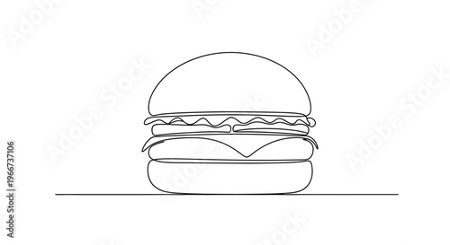 Minimalist single line drawing of a delicious hamburger with cheese and lettuce