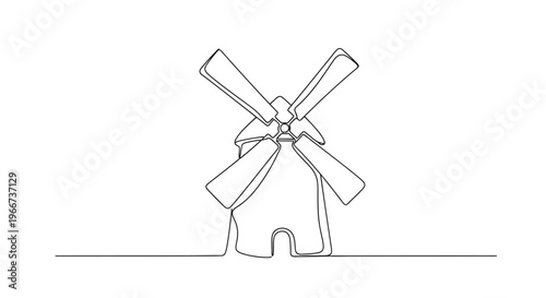 Minimalist single line drawing of a windmill on a flat horizon, representing agriculture and rural life.