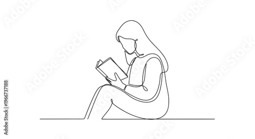 Continuous line drawing of a woman reading a book, minimalist art, one line sketch, intellectual hobby
