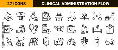 Healthcare Management and Clinical Administration Icon Set. minimalist monoline geometric line art for hospital logistics and medical records.