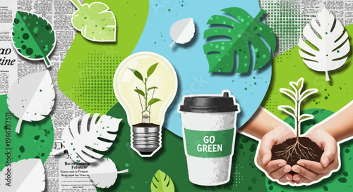 Sustainable Eco-Living Halftone Collage and Green Energy Vectors