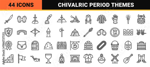 Medieval Chivalric Period History Line Art Icons Featuring Knights Castles Weapons and Royal Kingdom Elements in minimalist Monoline Style