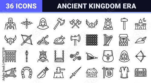 Medieval Chivalric History Line Art Symbols featuring Knight Armor Weapons and Royal Kingdom Elements in minimalist Monoline Aesthetic