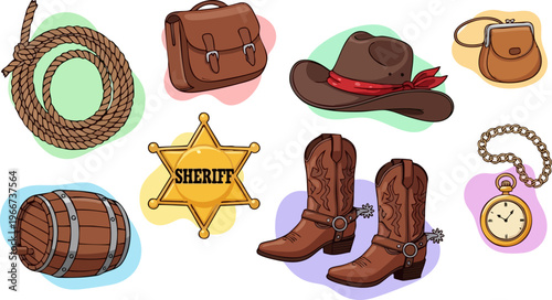 Wild West cowboy accessories vector set, vintage sheriff badge and leather boots, rustic western equipment collection with lasso and barrel
