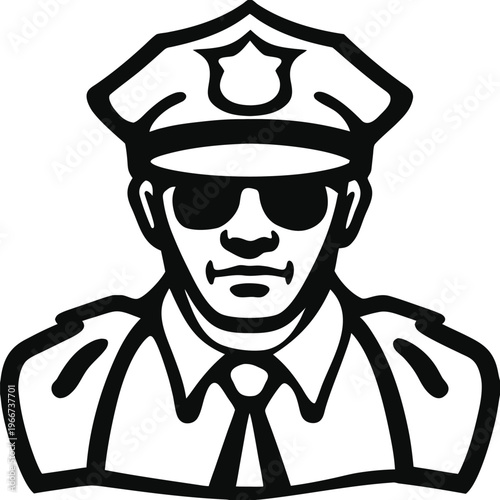 Bold line art drawing of a police officer wearing uniform hat and dark sunglasses for law enforcement