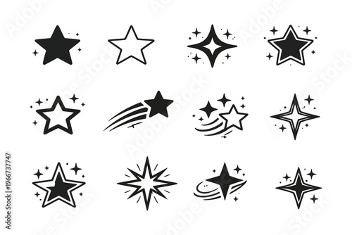Collection of celestial and cosmic doodle-style icons featuring stars, comets, and celestial bodies