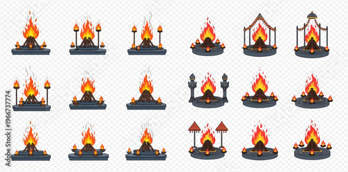 Set of vector illustrations featuring various bonfire designs with flames and smoke.