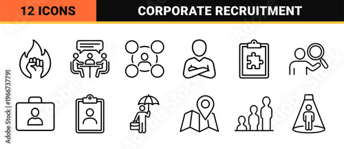 Human Resources and Headhunting Icon Set Featuring minimalist Monoline Symbols for Recruitment, Career Growth, and Corporate Management