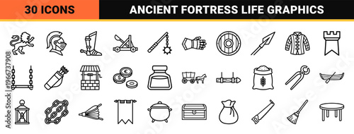 Medieval Chivalric Era Linear Graphics featuring minimalist Monoline Armor, Weapons, and Castle Architecture in Geometric Line Art Style.