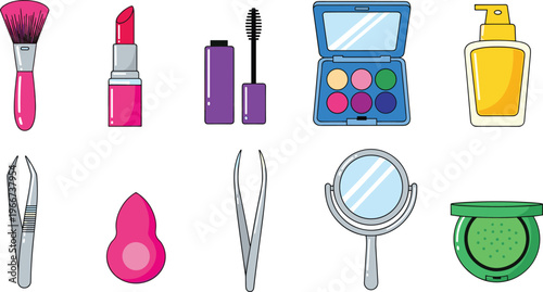 Cosmetic and Beauty Products Set with Makeup Brushes, Lipstick, Mascara, Mirror, Nail Tools, and Skincare for Beauty Routine and Personal Care