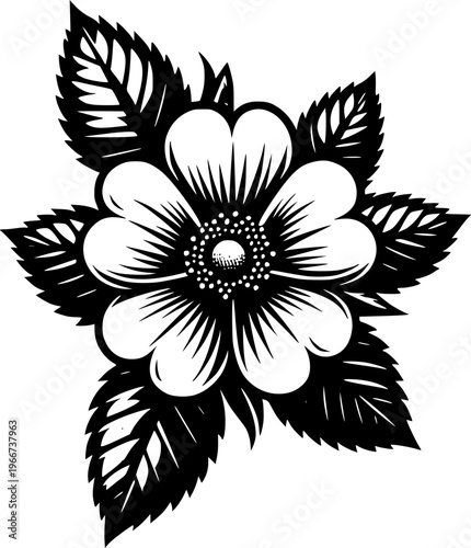 Blooming Flora: An artistic portrayal of a single, exquisite flower, with its petals gracefully unfurling, accompanied by lush green leaves, evokes the gentle beauty of nature's delicate creation.