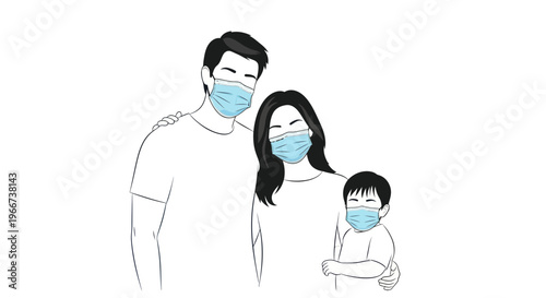Family wearing face masks, protective medical masks, health safety, vector illustration