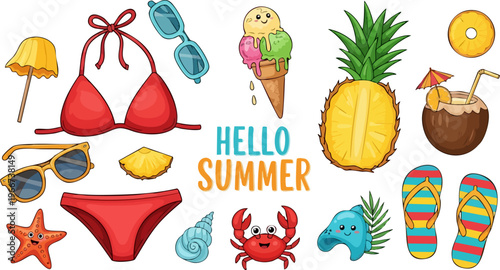 Summer beach vacation vector set, hand drawn tropical holiday icons, colorful bikini and pineapple illustrations, seasonal travel clip art