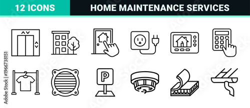 Real Estate and Home Management Line Art: minimalist Geometric Outline Symbols for Smart Housing, Architecture, and Residential Services.