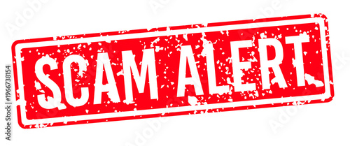 Vector art of a red scam alert rubber stamp with bold distressed lettering and textured imprint effect, isolated on a clean background and created for fraud prevention campaigns, cybersecurity