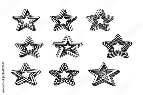 Varied geometric designs of intricate star patterns in black and white