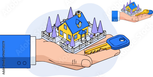 Isometric real estate concept with hand holding a house and key. Blue and yellow cottage property illustration. Mortgage and home ownership vector.