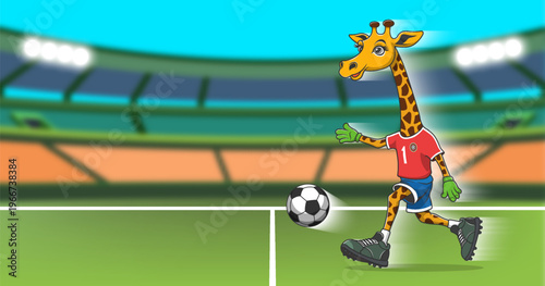 Vector cartoon of funny comical cute giraffe in football uniform, accelerating, running and kicking ball. Blurred toon stadium with bright spotlights. Soccer. Championship. Sports world game