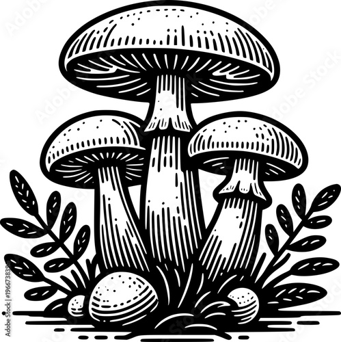 Mushrooms illustration: A classic illustration showcases a cluster of intricately detailed mushrooms, presented in a monochrome style. The artwork captures the natural beauty and texture of fungi.