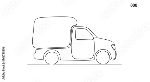 Minimalist single line drawing of a delivery truck with a cargo box, isolated on white background.