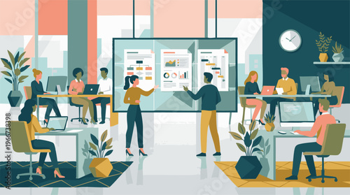 Business professionals collaborating and working in a modern office environment