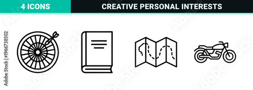 Hobby and Leisure Recreation Line Icons Featuring Minimalist Geometric Outline Aesthetic for Website UI Design and Commercial Marketing Media