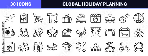 Summer Travel and Holiday Vacation minimalist Monoline Icon Set featuring Geometric Line Art Symbols for Tourism and Leisure