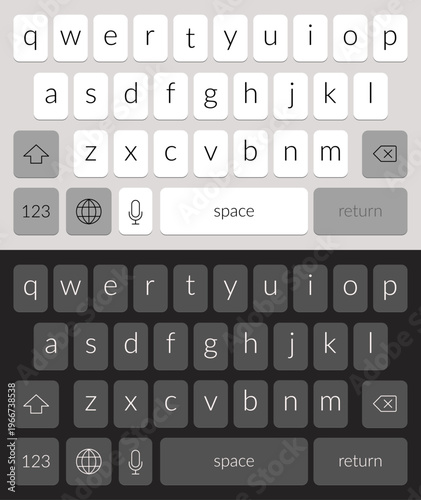 Smartphone keyboard in light and dark mode with alphabet keypad buttons in modern flat style, mobile phone typing interface concept for white and black theme text app design. Vector illustration