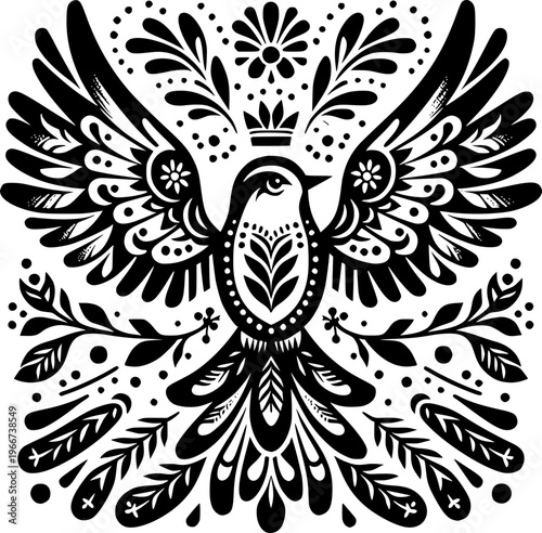 Artistic Avian Display: An exquisitely crafted avian artwork, presented in striking black and white, showcases a bird adorned with a crown and elaborate floral and leaf patterns.