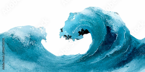 Blue watercolor wave cresting and breaking, showing the dynamic power of the ocean and flowing water elements in a painted artistic style against a solid white background