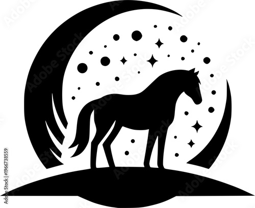 Celestial Equestrian: A majestic horse stands gracefully under the gentle glow of the moon, encircled by a constellation of stars. A symbol of freedom and serenity.