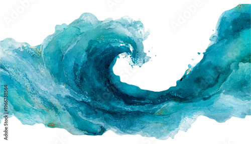 Dynamic teal watercolor wave with golden shimmer, swirling and splashing to evoke ocean power, fluid motion, and artistic marine energy in an abstract background