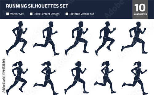 Large set of navy blue runner silhouettes featuring male and female athletes in various sprinting and jogging poses for sports and fitness design.