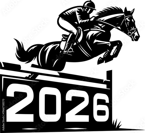 Equestrian Sport Leap: A rider expertly guides a powerful horse over a challenging hurdle, embodying the dynamic synergy of sport. The number 2026 signifies a moment of sporting excellence.