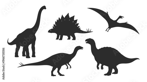 A collection of prehistoric dinosaur silhouettes including a brachiosaurus stegosaurus and pterodactyl silhouette high quality professional detailed modern elegant stylish clean