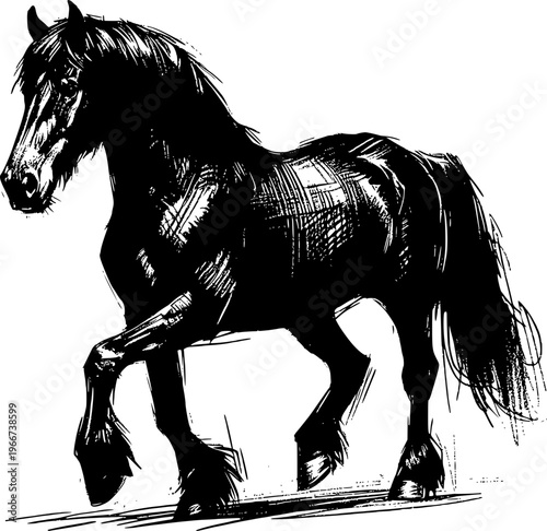 Majestic Black Horse in Motion: An elegant black horse gracefully strides forward, its powerful form captured in a striking silhouette, exuding strength and beauty.