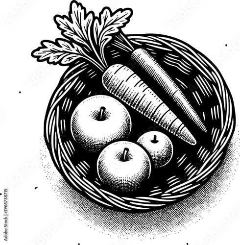 Farm-Fresh Harvest: An illustrated basket brimming with fresh apples and carrots, celebrating the simplicity and bounty of nature's offerings.
