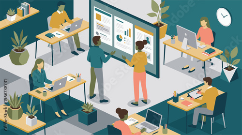 Diverse business professionals working and collaborating in a modern office