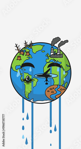Earth with sad face crying tears.