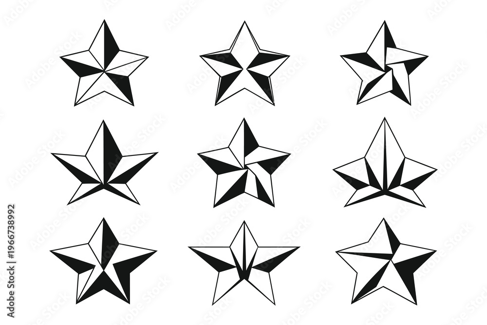 Obraz premium Variations of star shapes with different internal geometric configurations and shading