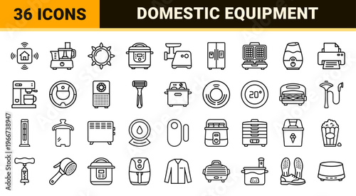 minimalist Smart Home Appliance Line Art. Geometric Monoline Household Equipment Symbols for Domestic Technology and Interior Utility.