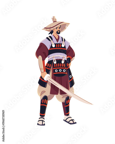 Samurai in O yoroi armour and traditional straw hat. Ancient Japanese warrior with katana. Ninja soldier in kimono with weapon. Bushido fighter with blade. Flat isolated vector illustration on white