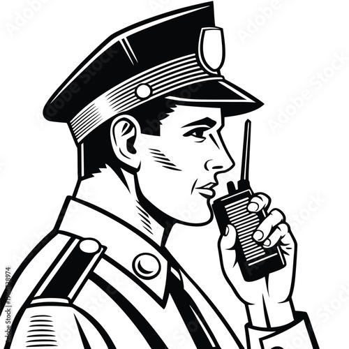 Dedicated police officer communicating important information with a handheld walkie talkie during public service