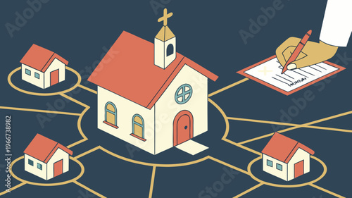 "A professional, high-resolution cinematic shot of a miniature church model connected to several miniature house models by glowing light paths on a dark surface. The central church features a cross on