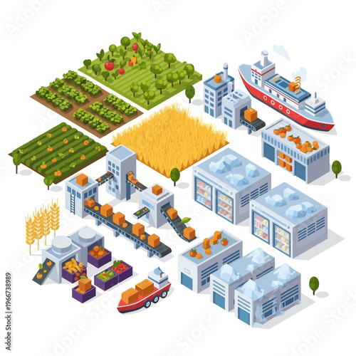 Isometric illustration depicting a modern agricultural and industrial supply chain, from farm to factory to transport.